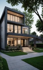 Obraz premium A Contemporary Dwelling with Stylish Architecture, Beautiful Exterior Design, and a Serene Garden Setting. Perfect Family Home in a Residential Neighborhood, Featuring Thoughtful Construction