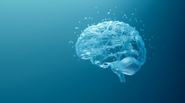 3D rendering of a transparent human brain made from water drops on a blue background, in the concept for artificial intelligence and neural networks