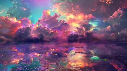 A surreal dreamscape of neon-lit clouds floating above a shimmering sea of liquid gold, casting reflections that ripple and dance across the wet pavement.