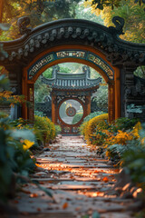 Poster Close-up of a moon gate in a Chinese garden, framed by delicate foliage and fluffy white clouds in the distance,