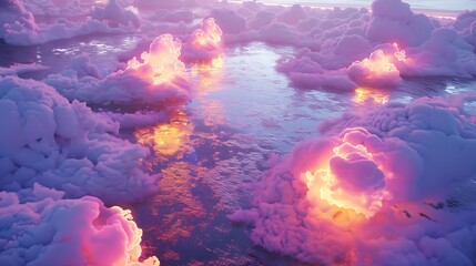 A surreal dreamscape of neon-lit clouds floating above a shimmering sea of liquid gold, casting reflections that ripple and dance across the wet pavement.