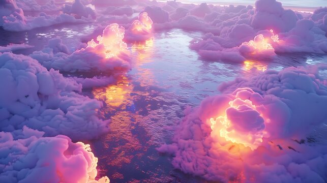 A surreal dreamscape of neon-lit clouds floating above a shimmering sea of liquid gold, casting reflections that ripple and dance across the wet pavement.