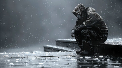 Obraz premium Lonely man feeling sadness and depression under the rain