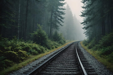Fototapeta premium Railway tracks going deep into misty forest. Magic AI generated landscape. Digital illustration. CG Artwork Background