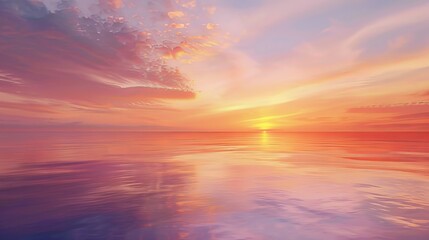 Illustrate an oil painting of a tranquil sunset over a calm lake, with the sky painted in warm hues of orange, pink, and purple, reflecting on the water's surface.