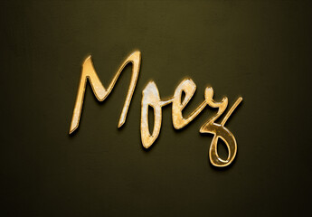 Old gold text effect of Arabic name Moez with 3D glossy style Mockup.