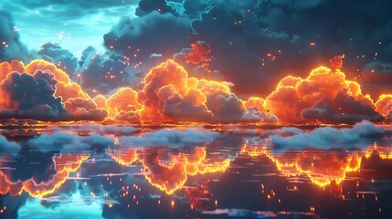 A surreal dreamscape of neon-lit clouds floating above a shimmering sea of liquid gold, casting reflections that ripple and dance across the wet pavement.