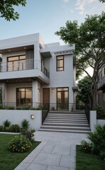 Fototapeta premium A Contemporary Dwelling with Stylish Architecture, Beautiful Exterior Design, and a Serene Garden Setting. Perfect Family Home in a Residential Neighborhood, Featuring Thoughtful Construction