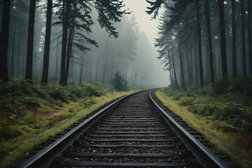 Fototapeta premium Railway tracks going deep into misty forest. Magic AI generated landscape. Digital illustration. CG Artwork Background
