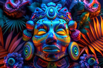 Obraz premium Vibrant Aztec-themed mural with intricate patterns and colorful masks, showcasing Mexican cultural heritage and artistic expression in a detailed, dynamic design.