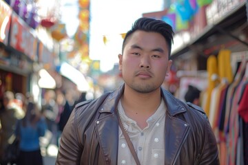 Fototapeta premium Portrait of a content asian man in his 20s sporting a stylish leather blazer in front of vibrant market street background