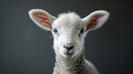 White lamb isolated on dark surface with room for text Close up of young sheep staring at lens