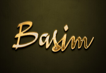 Old gold text effect of Arabic name Basim with 3D glossy style Mockup.