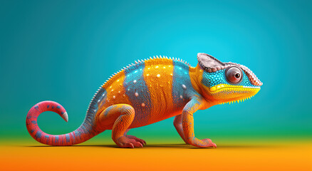 Obraz premium Beautiful multicolored Yemeni chameleon on blue background. Colorful reptile that changes color.