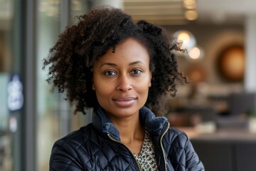Obraz premium Portrait of a content afro-american woman in her 30s sporting a quilted insulated jacket in sophisticated corporate office background