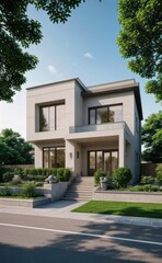 Fototapeta premium A Contemporary Dwelling with Stylish Architecture, Beautiful Exterior Design, and a Serene Garden Setting. Perfect Family Home in a Residential Neighborhood, Featuring Thoughtful Construction