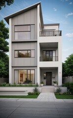 A Contemporary Dwelling with Stylish Architecture, Beautiful Exterior Design, and a Serene Garden Setting. Perfect Family Home in a Residential Neighborhood, Featuring Thoughtful Construction