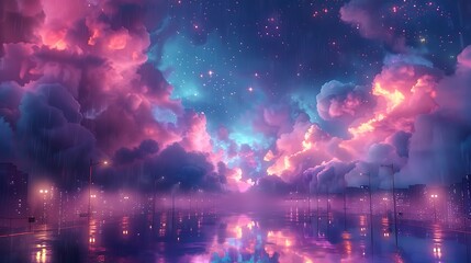 Fototapeta premium A surreal dreamscape of neon-lit clouds drifting lazily across a starry sky, their reflections casting a soft, ethereal glow on the rain-soaked streets below.