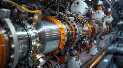 Obraz premium Close-Up of Advanced Industrial Machinery with Complex Wiring and Components in a High-Tech Facility