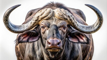 Naklejka premium A majestic, powerful African buffalo with thick, dark coat and impressive horns stands confidently on a pristine white background.