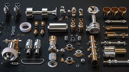 High-Quality Industrial Metal Components and Machinery Parts on Black Background
