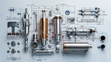 Industrial Engineering Components on Technical Blueprint Background for Manufacturing and Design
