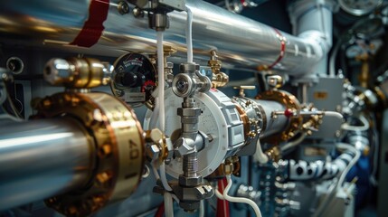 Fototapeta premium Detailed Close-Up of Industrial Machinery with Metal Pipes and Valves in a Modern Factory Setting