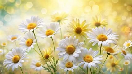 Fototapeta premium Delicate, soft-focus watercolor illustration featuring bright yellow and white daisy flowers on a gentle, calming background perfect for serenity.