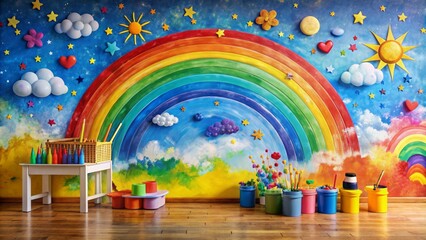 Vibrant rainbow and sky mural on wall, artistic splatters and brushstrokes, colorful paint cans and brushes, joyful creative learning environment.