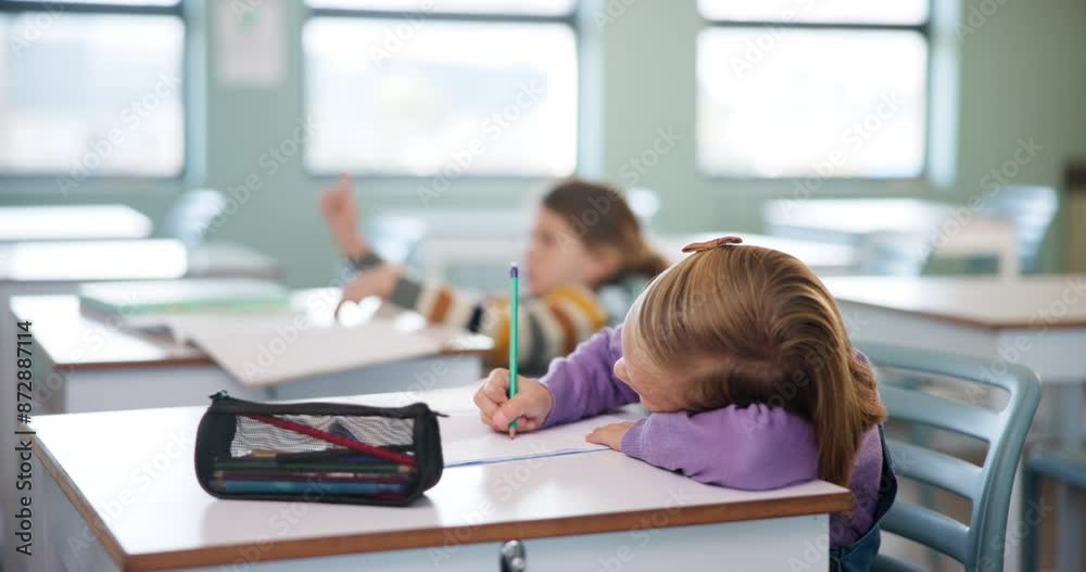 Poster bored, tired and child in class for studying lesson with exam for education development. learning, w