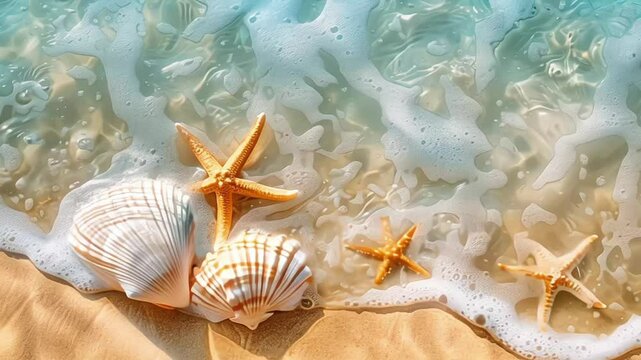 starfish and seashell on the summer beach in sea water