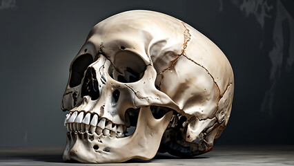 Human skull lying on a table, isolated on a gray background.