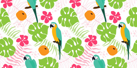 Seamless pattern with abstract plants, parrots, flowers. Summer exotic print. Vector graphics.