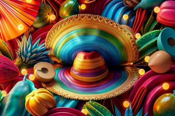 Vibrant Mexican sombrero with colorful decorations, showcasing festive cultural heritage and lively artistry in a detailed, dynamic composition.