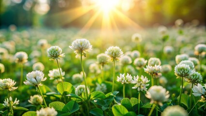 Fototapeta premium Softly focused, vibrant green clover carpet with delicate white flowers, sprawling across a serene, sun-drenched meadow landscape.
