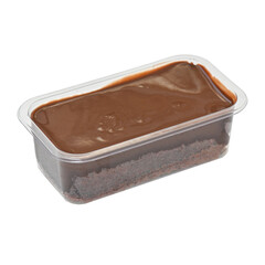 Chocolate cake topped with rich chocolate ganache in a clear plastic container isolated on white background. Dessert, chocolate cake, ganache, sweet, indulgent.