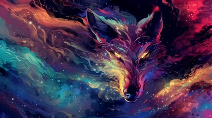 The wolf head with cosmic aura. Anime or digital painting style, looping 4k video animation background