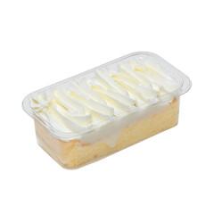 Light and fluffy white dessert topped with whipped cream in a clear plastic container, perfect for a sweet treat.