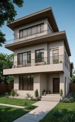 Fototapeta premium A Contemporary Dwelling with Stylish Architecture, Beautiful Exterior Design, and a Serene Garden Setting. Perfect Family Home in a Residential Neighborhood, Featuring Thoughtful Construction