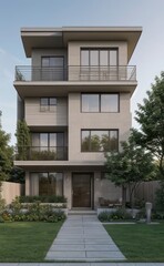 Fototapeta premium A Contemporary Dwelling with Stylish Architecture, Beautiful Exterior Design, and a Serene Garden Setting. Perfect Family Home in a Residential Neighborhood, Featuring Thoughtful Construction