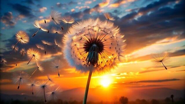 Pusteblume mit fliegenden Samen - Leuchten und wundersch&ouml;nes Licht