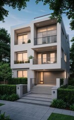 Obraz premium A Contemporary Dwelling with Stylish Architecture, Beautiful Exterior Design, and a Serene Garden Setting. Perfect Family Home in a Residential Neighborhood, Featuring Thoughtful Construction
