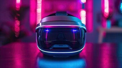 Fototapeta premium VR holograms display, innovative gadgets, digital future, futuristic tone, Triadic Color Scheme, front view, nextgen digital experience, copy space for text,