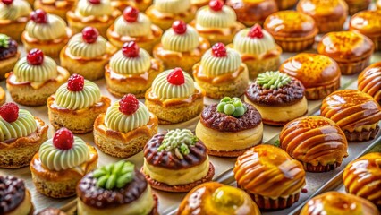 Golden and cream toned assortment of glazed pastries arranged in neat rows on a light background, showcasing tantalizing textures and colors.