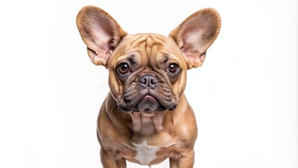 Obraz premium Adorable fawn French Bulldog with bat ears and wrinkled skin standing in front of a plain white background alone.