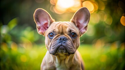 Adorable fawn French bulldog stands alone in front of blurred green garden background with curious and playful expression.