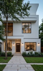 A Contemporary Dwelling with Stylish Architecture, Beautiful Exterior Design, and a Serene Garden Setting. Perfect Family Home in a Residential Neighborhood, Featuring Thoughtful Construction