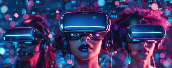 VR social meetup, digital friends interaction, virtual socializing, cybernetic tone, Splitcomplementary color scheme, top view, nextgen social experience, copy space for text,