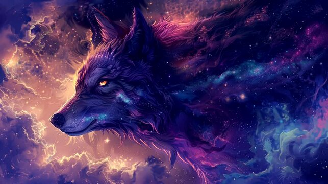 The wolf head with cosmic aura. Anime or digital painting style, looping 4k video animation background