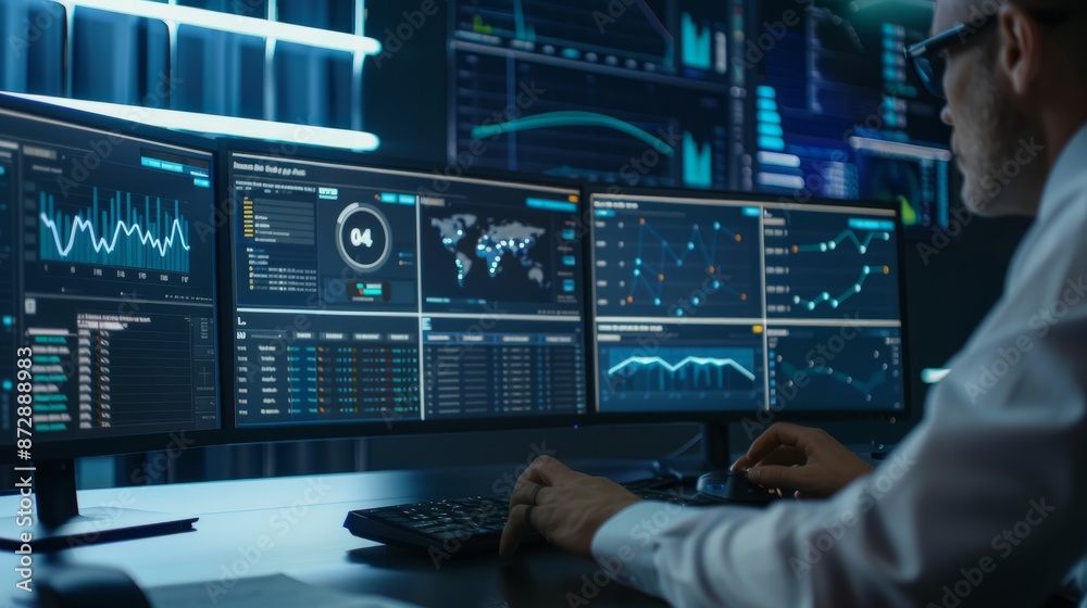 Wall mural business analyst using computer dashboard for data analysis and management system with kpi metrics, 
